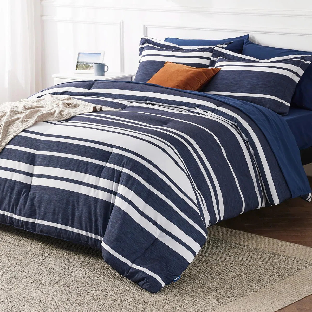 Comforter Set 7 Pieces, Bedding Set for Bed Reversible, Cationic Dyeing Bed in a Bag with Comforter, Sheets, Pillowcases & Shams