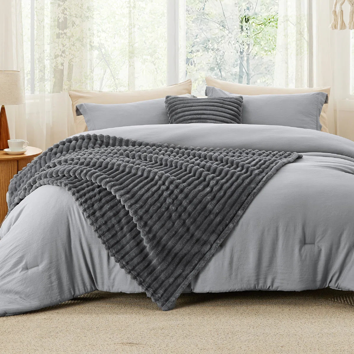 King Comforter Set 5 Pieces - Bed in a Bag with Fleece Throw Blanket and Decorative Pillow, Lightweight Bedding Comforter Sets, All Season Bedding, Dark Grey