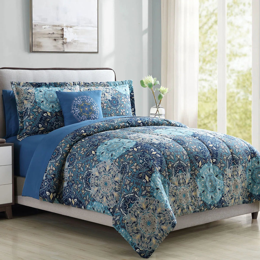 Granada Collection Comforter Set - Reversible Microfiber - Elegant Printed 8-Piece Bed Set - Includes Comforter, Sheets, Shams, & Pillow - Luxurious Bedding