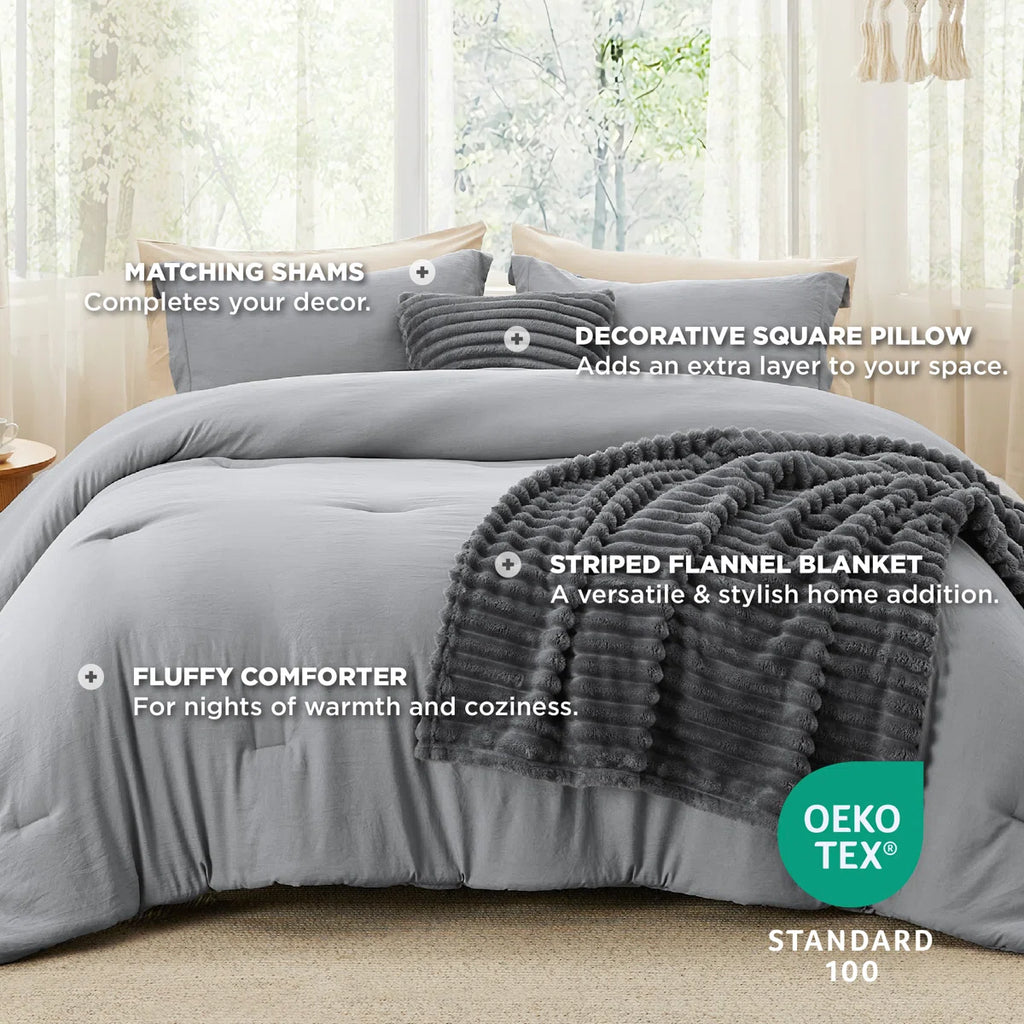 King Comforter Set 5 Pieces - Bed in a Bag with Fleece Throw Blanket and Decorative Pillow, Lightweight Bedding Comforter Sets, All Season Bedding, Dark Grey
