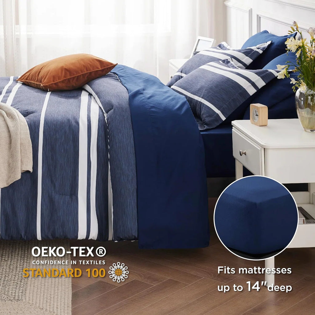 Comforter Set 7 Pieces, Bedding Set for Bed Reversible, Cationic Dyeing Bed in a Bag with Comforter, Sheets, Pillowcases & Shams