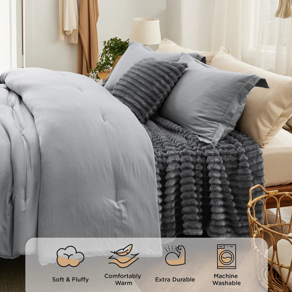 King Comforter Set 5 Pieces - Bed in a Bag with Fleece Throw Blanket and Decorative Pillow, Lightweight Bedding Comforter Sets, All Season Bedding, Dark Grey