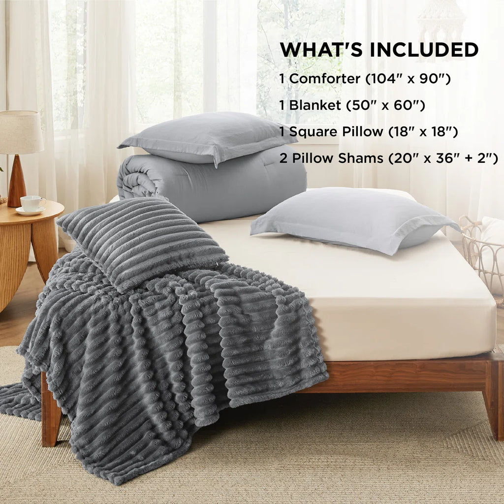 King Comforter Set 5 Pieces - Bed in a Bag with Fleece Throw Blanket and Decorative Pillow, Lightweight Bedding Comforter Sets, All Season Bedding, Dark Grey